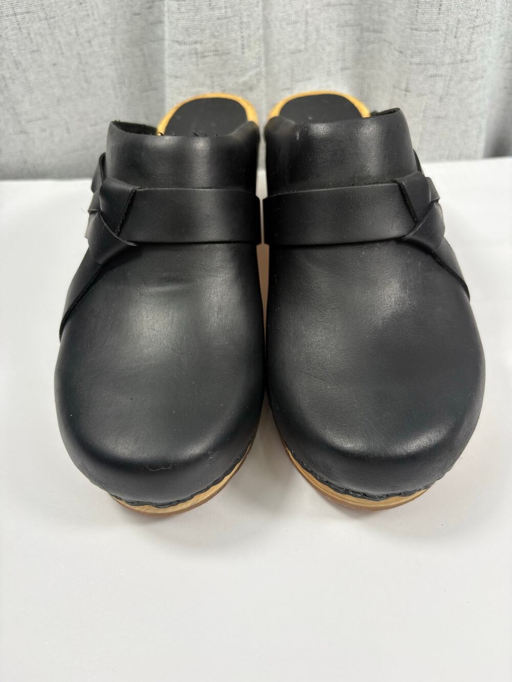 Sanita Manuella Black Leather Wood Clog Sandal Cross Strap Design Handcrafted